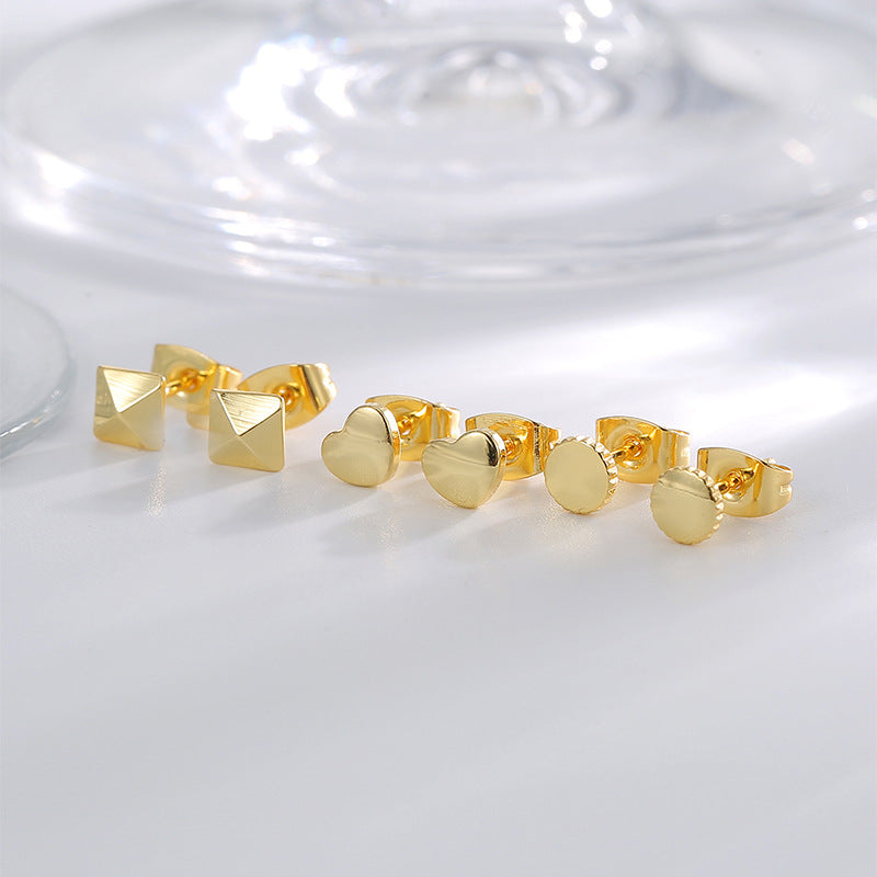 E0796 Minimalist Small Round Arc Lace Pyramid Heart-shaped Earring Set gold Cool Style Earrings