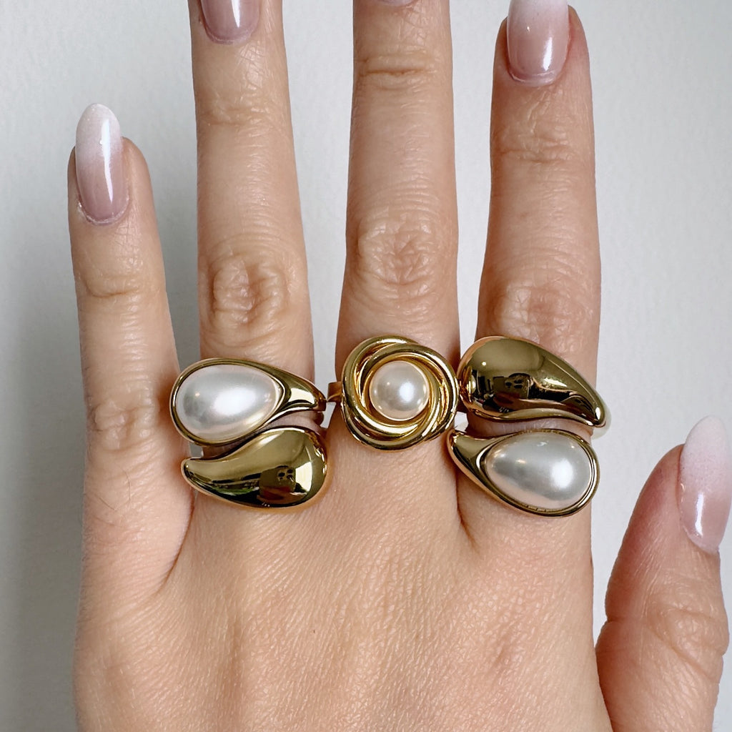 Stainless Steel Water Drop Pearl Ring Tiger Eye Stone ring