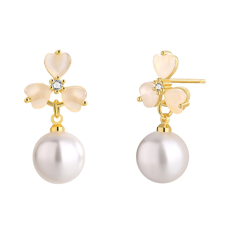 E0710 Elegant Fashion Heart-Shaped Cat's Eye Stone Clover Earrings for Women Cute Vintage Shell Pearl Earrings