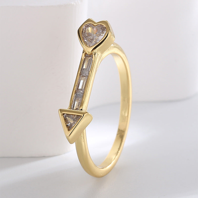 R0315 Simple Cupid's Arrow Zircon Ring for Women, Copper Plated with Real Gold, Vintage Versatile Heart-shaped Ring
