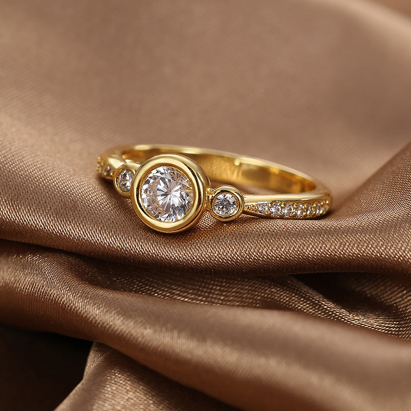 R0368 Simple Design Zircon Ring for Women, Brass Gold-Plated Micro-Inlaid White Zircon Ring