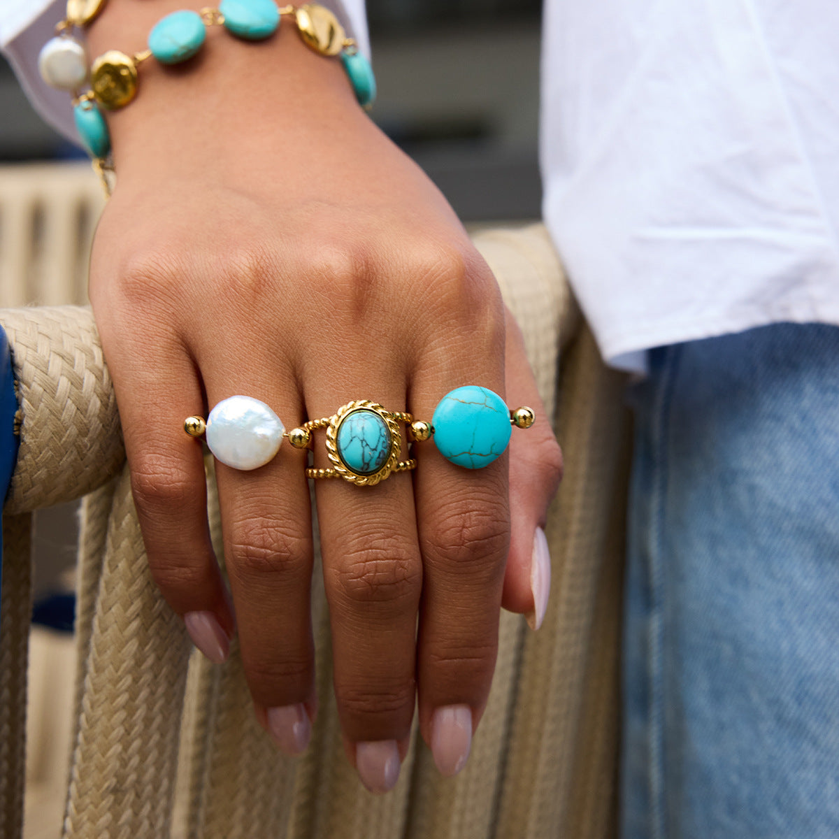 Blue Turquoise Ring Non-Fading Jewelry Stainless Steel Bracelet Accessories