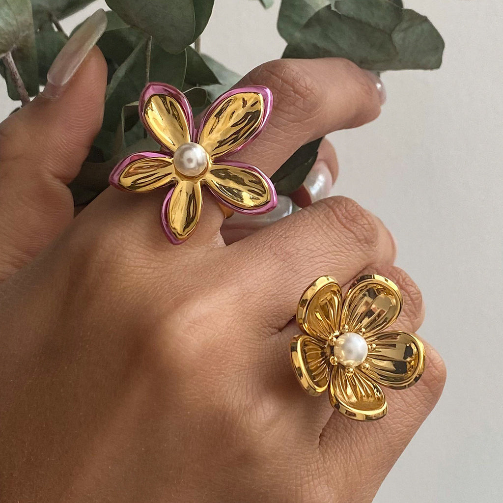 2H Pearl Ring Women's Design Flower Ring Stainless Steel rings