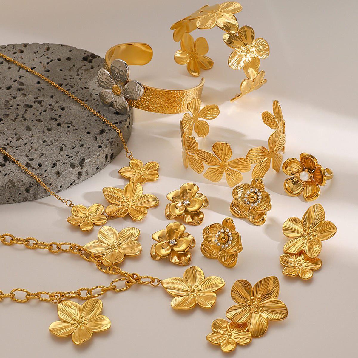 Stainless Steel Flower Necklace Zircon Earrings Pearl Ring Open Bracelet Jewelry