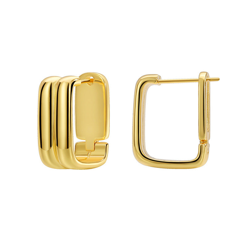 E0610 Fashionable Minimalist Design Geometric Square Earrings for Women Copper Plated with Real Gold Double Layer Smooth Stud Earrings