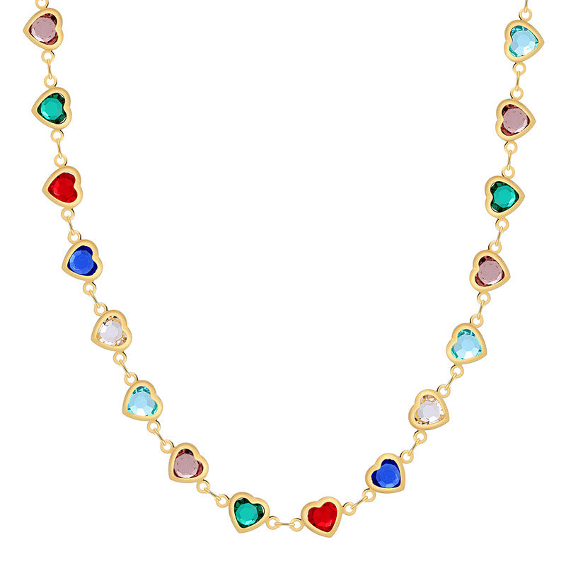 N0255 Design Colorful Heart-Shaped Zircon Necklace for Women Summer Collarbone Chain