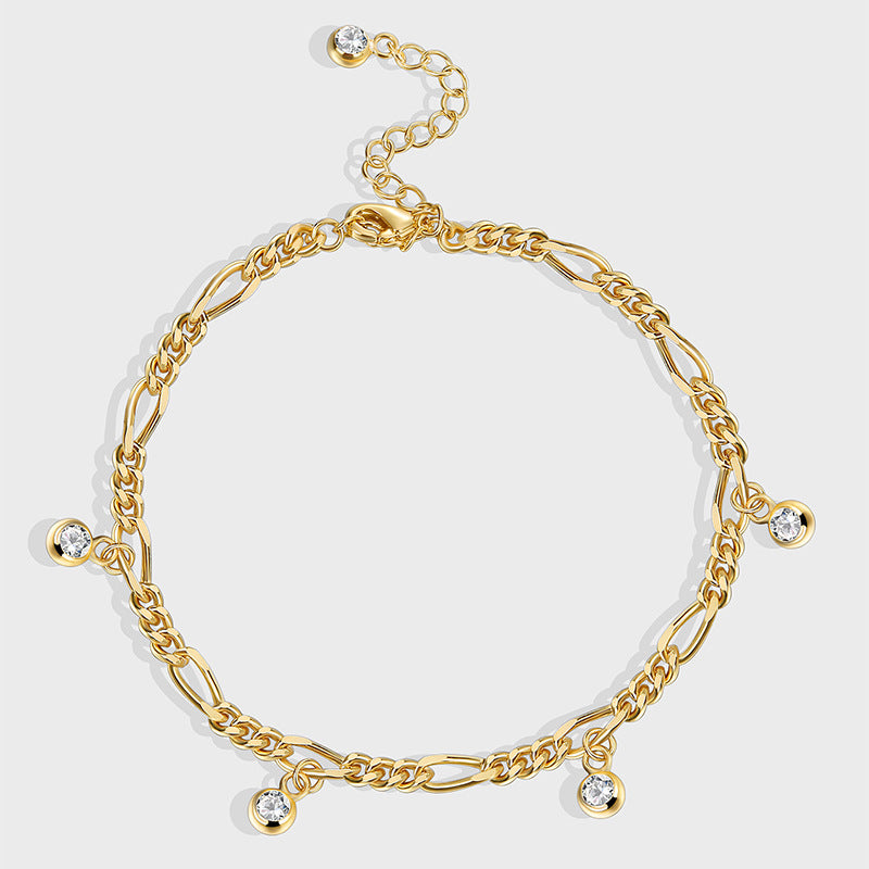 A0024 Hip-Hop Chain Zirconia Anklet for Women Copper Gold-Plated Fashion Retro Foot Jewelry