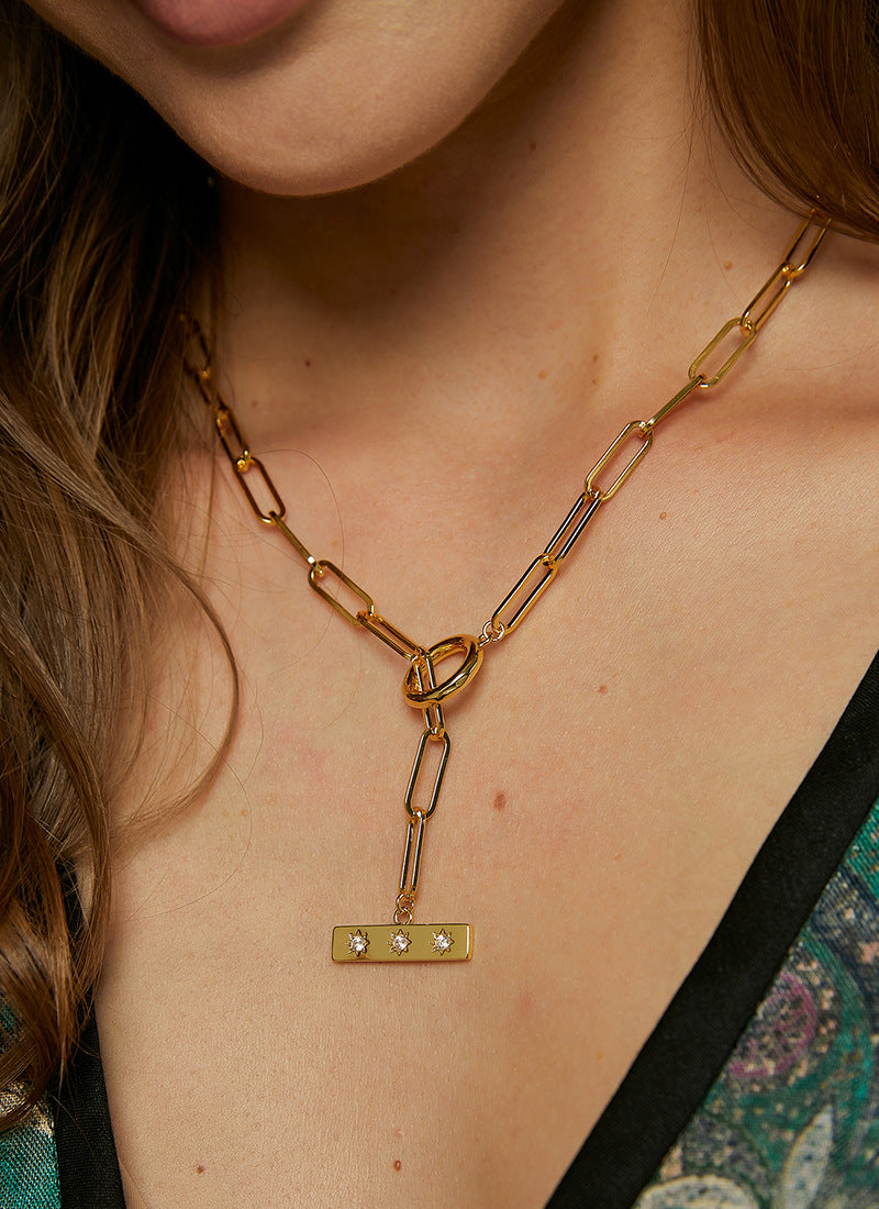 N0195 Copper plating18K gold Paper Clips Square Brand Star Inlaid with Zirconia OT Couple Necklace Jewelry