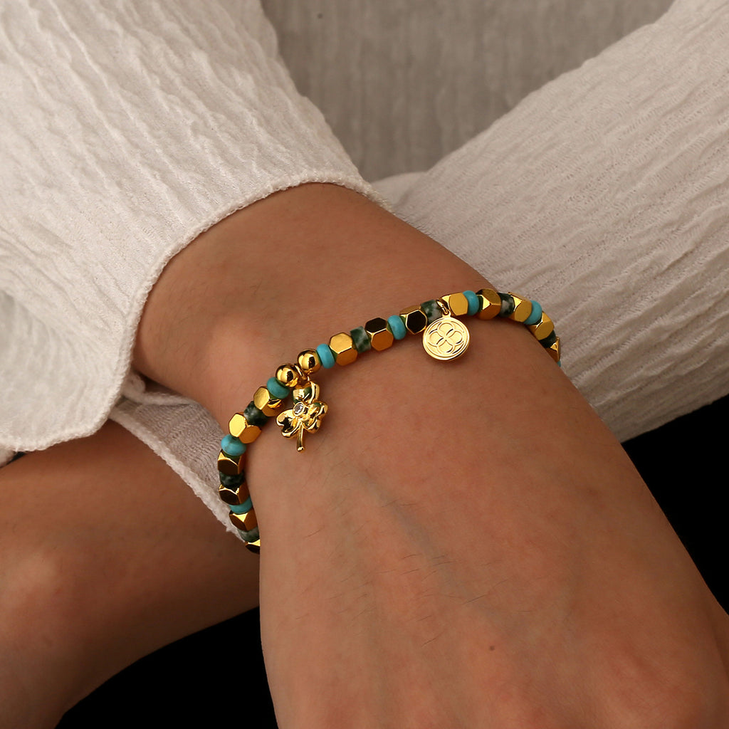 B0248 Bohemian Vintage Clover Inlaid Zircon Bracelet Holiday Beaded