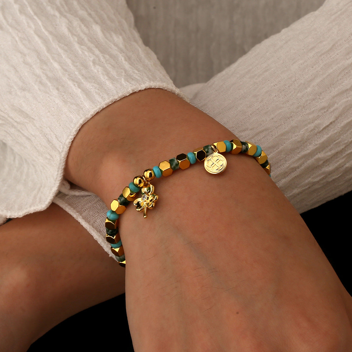 B0248 Bohemian Vintage Clover Inlaid Zircon Bracelet Holiday Beaded