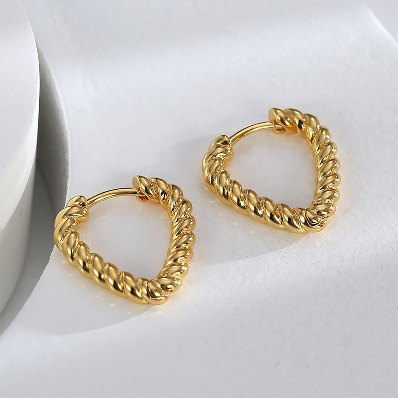 E0592 Design-inspired Twisted Pattern Fashion Earrings for Women, Copper Gold-plated Heart-shaped Simple Hoop Earrings