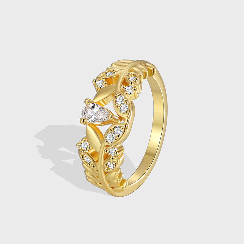 R0411 Fresh Small Country Exquisite Design Ring for Women Fashionable Leaf Shape with Zircon Inlay