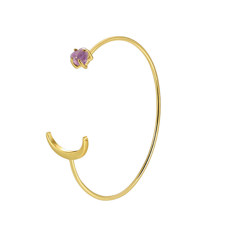 B0150 Korean Fresh Elegant Fashion Moon Shape Bracelet for Women Copper Plated with Real Gold Purple Stone Bangle
