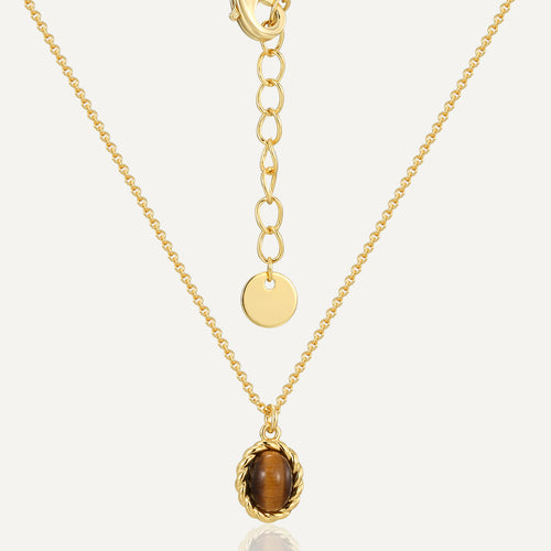 18K Gold-Plated Brass Oval Tiger Eye Pendant Necklace featuring oval detailing