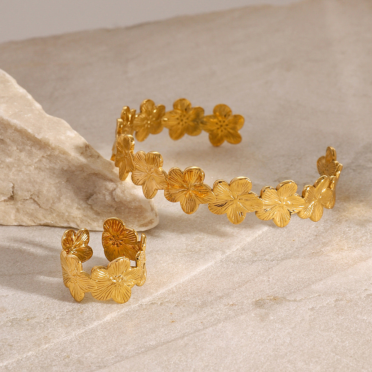 Stainless Steel Flower Open Bracelet Ring rings