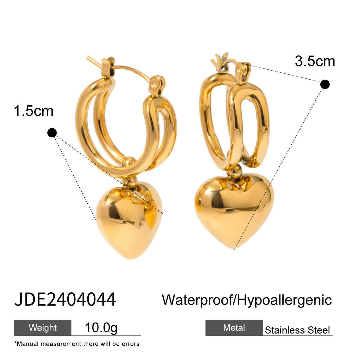 2H18K Gold Stainless Steel Glossy Heart Earrings for Women2025New Summer Sliding Love Heart Pendant Earrings