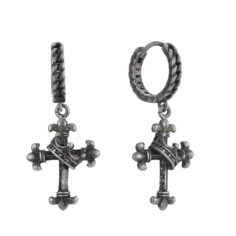 E0738 Hip-Hop Punk Style Trendy Earrings for Women Vintage Distressed Antique silver Crown Cross Earrings