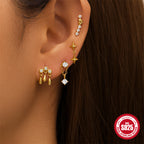 New S925Sterling Silver Tassel Chain Inlaid Diamond Piercing Threaded Ear Bone Stud Hot-Selling Heart Turquoise Ear Jewelry