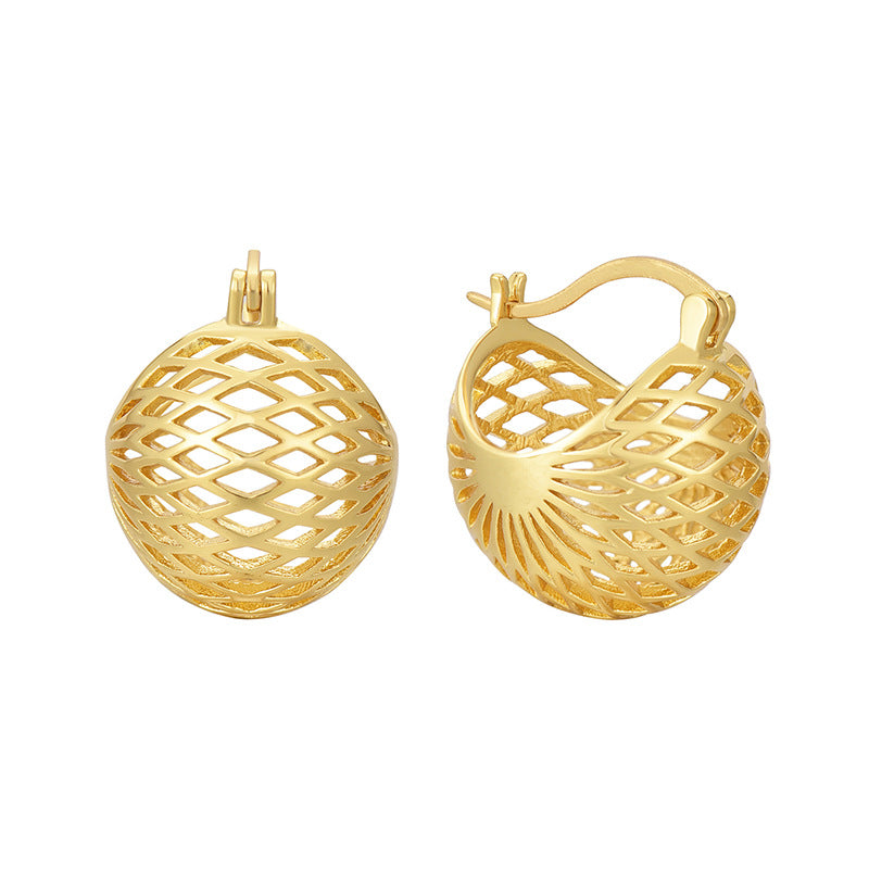 E0620 Fashionable Personality Exaggerated Hollow Sphere Retro Unisex Earrings Copper Gold Plated Ear Clips