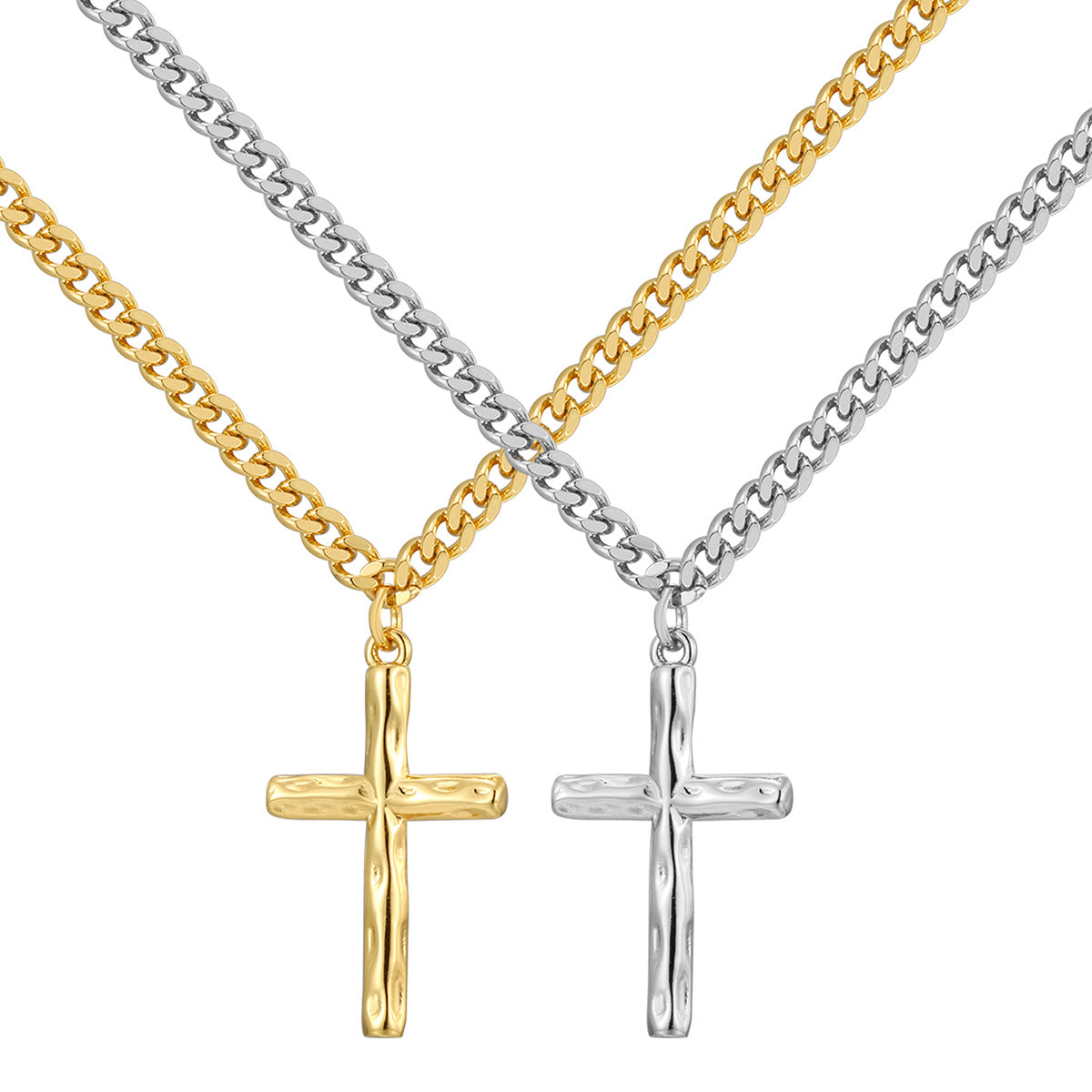 N0271 Brass Gold-Plated Vintage Design Hammered Cross Pendant for Women, Gold and Silver Two-Tone Optional Pendant