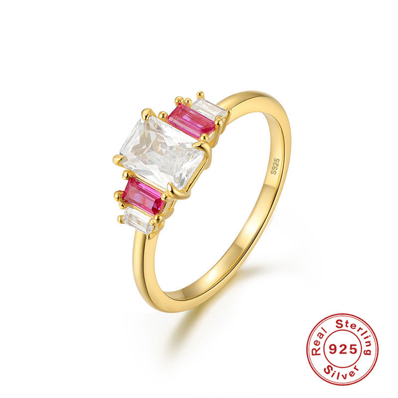 S925Sterling Silver Pink Marquise Twist Pattern Ring with Diamond Inlay, Step Shape Ring, Korean Style Index Finger Ring