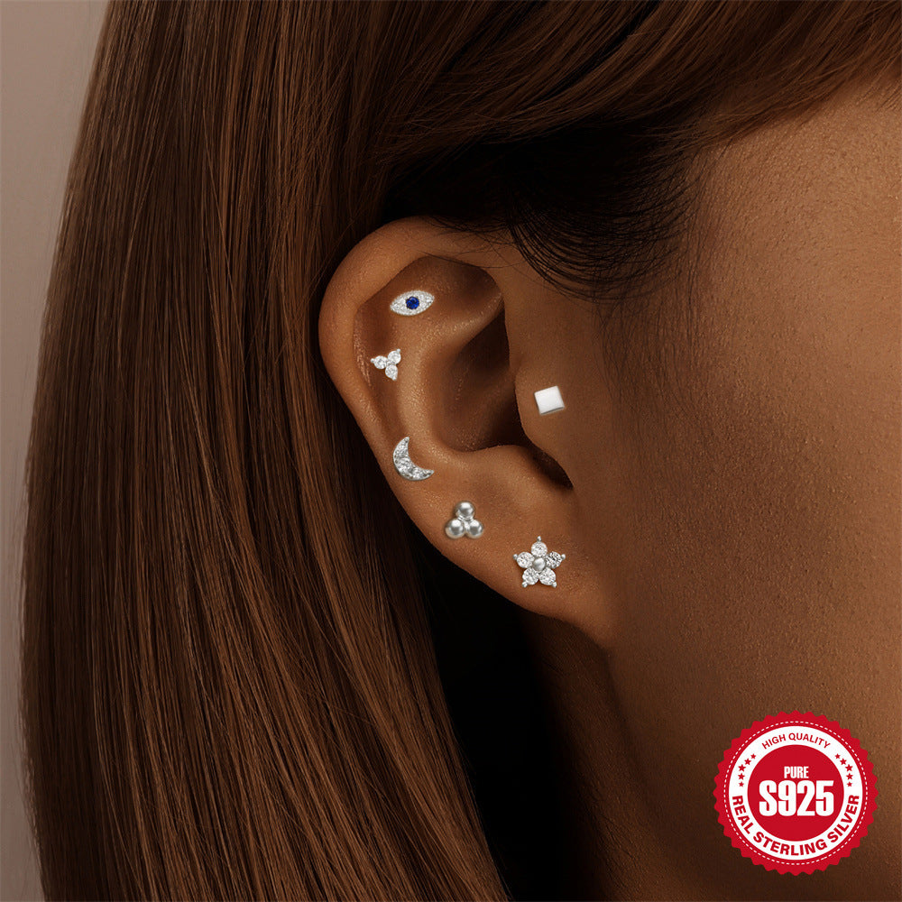 S925Sterling Silver Horse Eye Inlaid Diamond Crown Double-Sided Wearable Soft Bone Threaded Piercing Ear Bone Stud New Earrings for Women