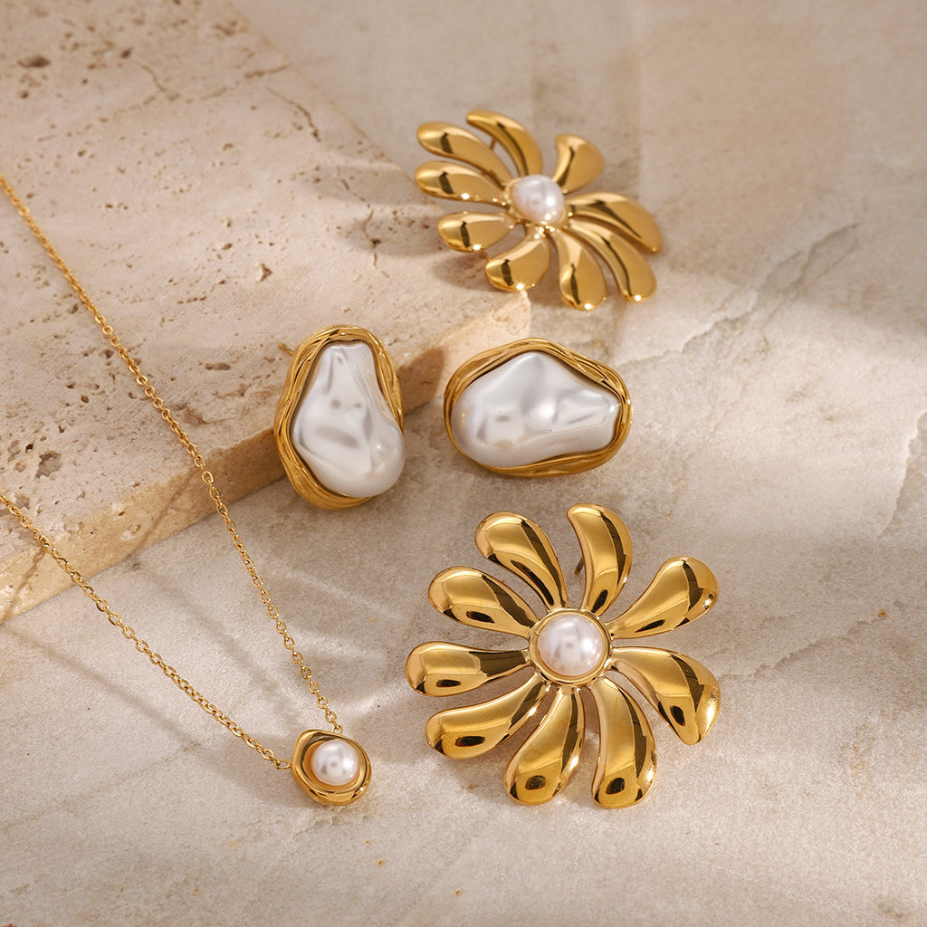 2H Stainless Steel Pearl Necklace Ring Exaggerated Earrings Set Decorations