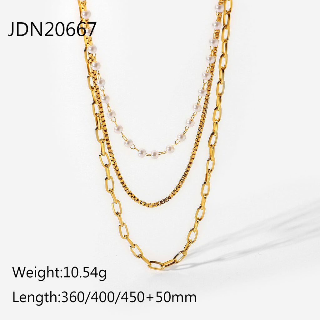 2H  Same Style Necklace Individually Packaged18K Gold Stainless Steel Small Pearl Lock Chain Three-Layer Women's Chain