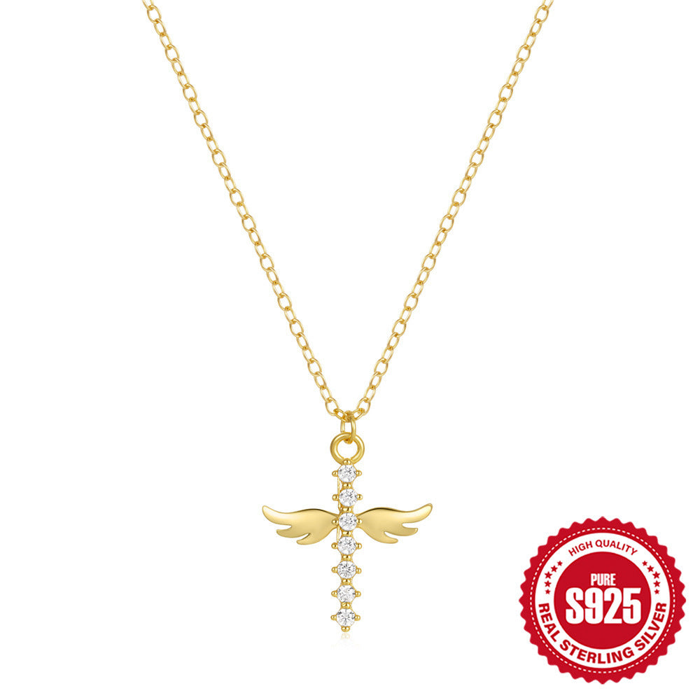 925 Sterling Silver Cross Diamond Necklace With Angel Wings Pendant