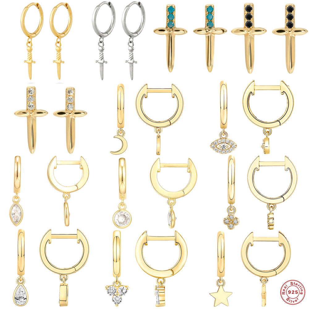 S925Sterling Silver Dagger Cross Earrings Devil's Eye Star Moon Pendant Hoop Earrings Hot-Selling Women's Earrings