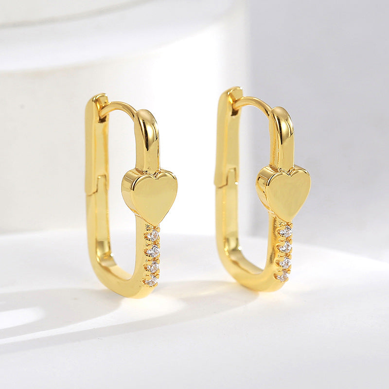 E0515 Fashion Heart-Shaped Zircon Earrings for Women Copper Gold-Plated Micro-Inlaid White Zircon Simple Earrings