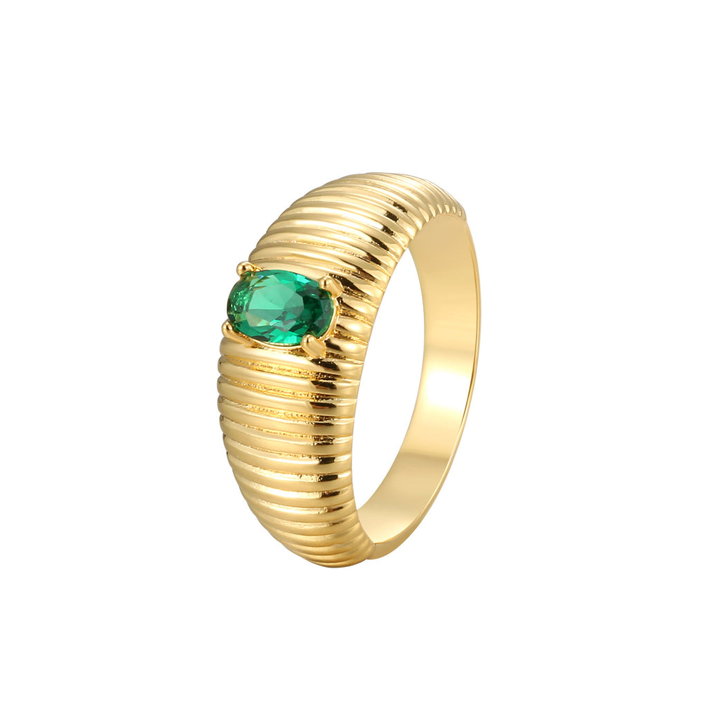 R0149 Four-Prong Oval Green Zircon Ring for Women with Unique Design and Bread Pattern