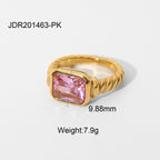 Stainless Steel Rectangular Emerald Pink Zircon Ring Women's Bagel Twist Spiral Jewelry Gemstone