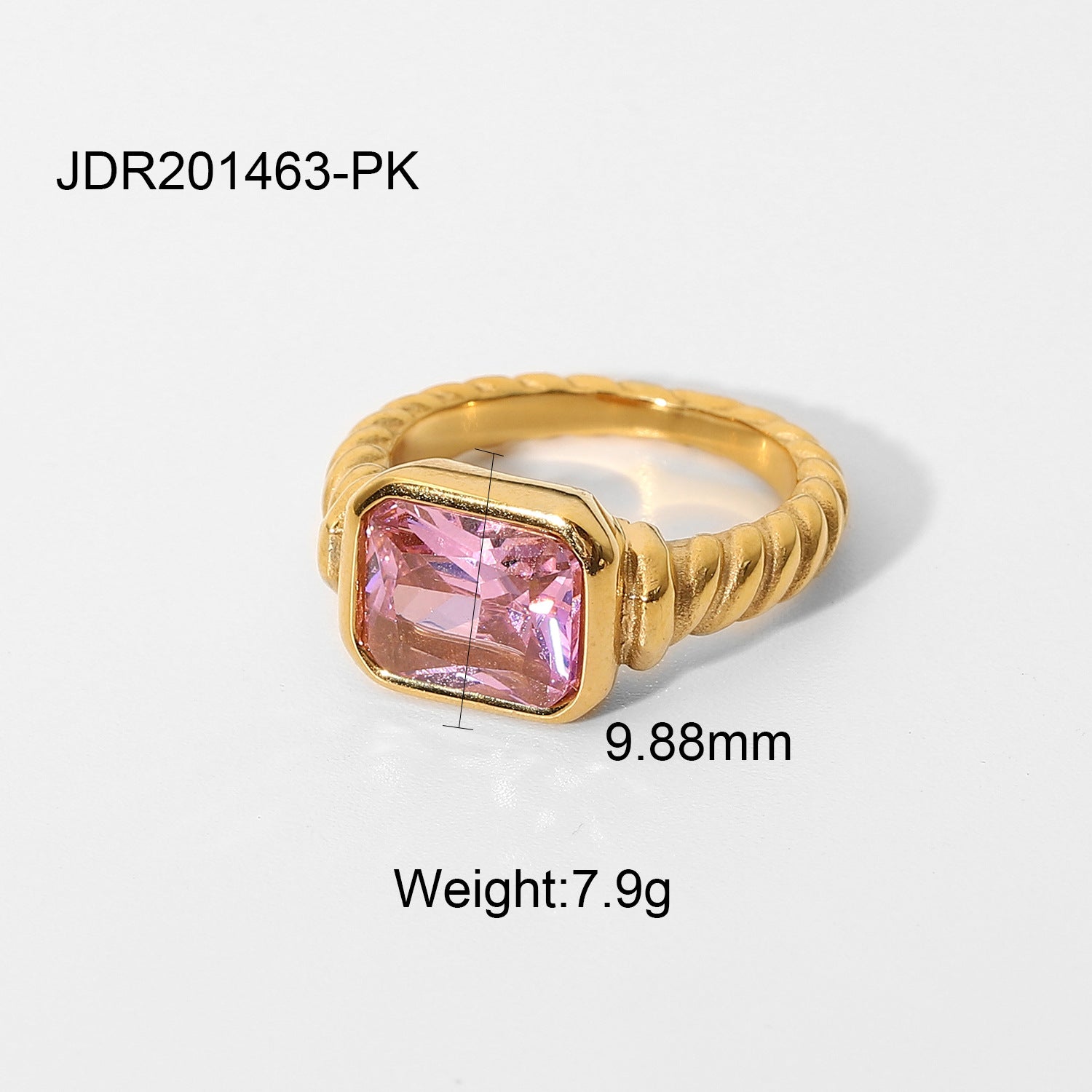Stainless Steel Rectangular Emerald Pink Zircon Ring Women's Bagel Twist Spiral Jewelry Gemstone