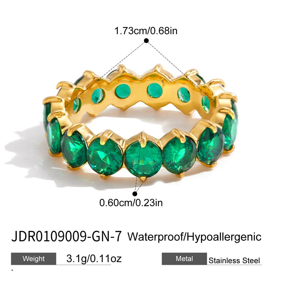 18K Gold Stainless Steel Inlaid Green Zircon Women's Fashion Versatile Ring