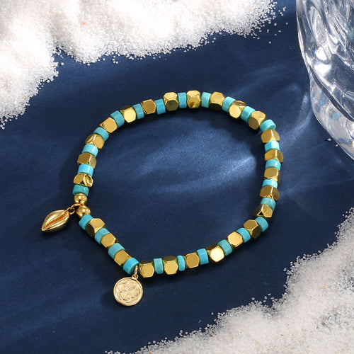 14K Gold-Plated Brass Shell Beaded Turquoise Bracelet with turquoise design details