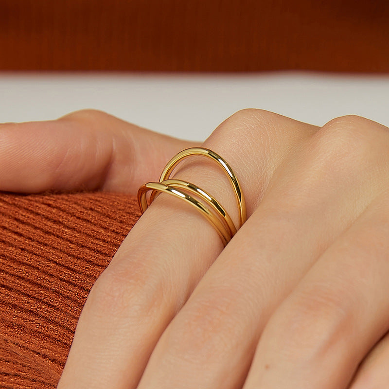 R0113 Minimalist Cold Three-Layer Brass Gold-Plated Ring for Women Retro Fashion
