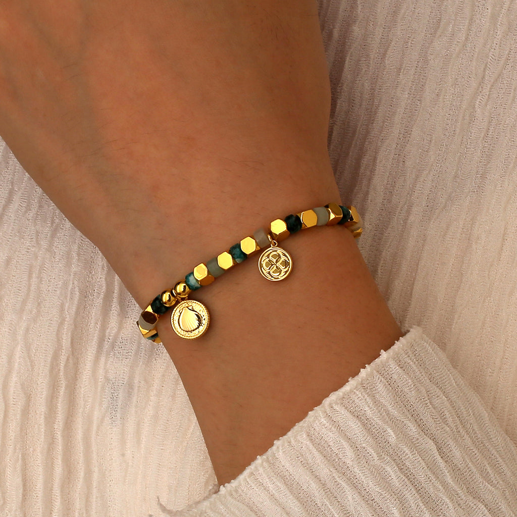 B0326 Casual Vacation Round Shell Beaded Vintage Bohemian African Turquoise Bracelet