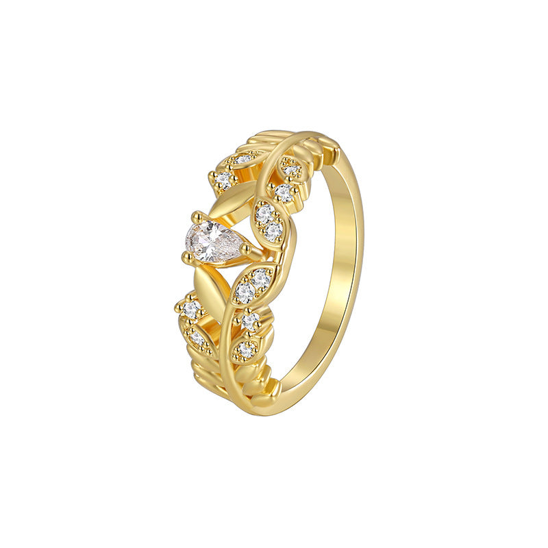 R0411 Fresh Small Country Exquisite Design Ring for Women Fashionable Leaf Shape with Zircon Inlay
