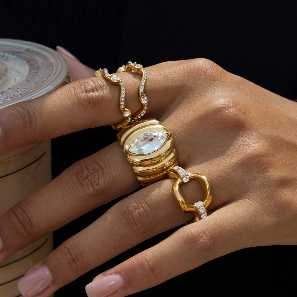 Rhinestone Ribbed Ring Non-Fading Jewelry Stainless Steel