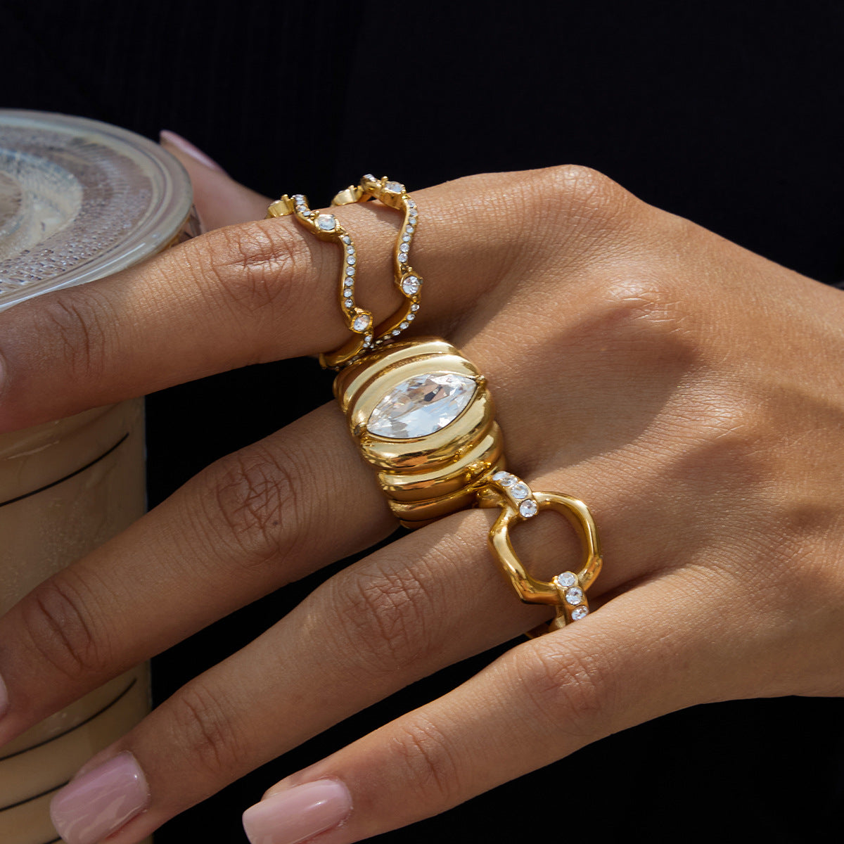 Rhinestone Ribbed Ring Non-Fading Jewelry Stainless Steel