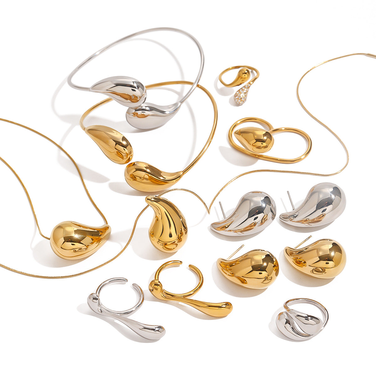 Stainless Steel Water Drop Necklace Earrings Open Bracelet Ring Jewelry