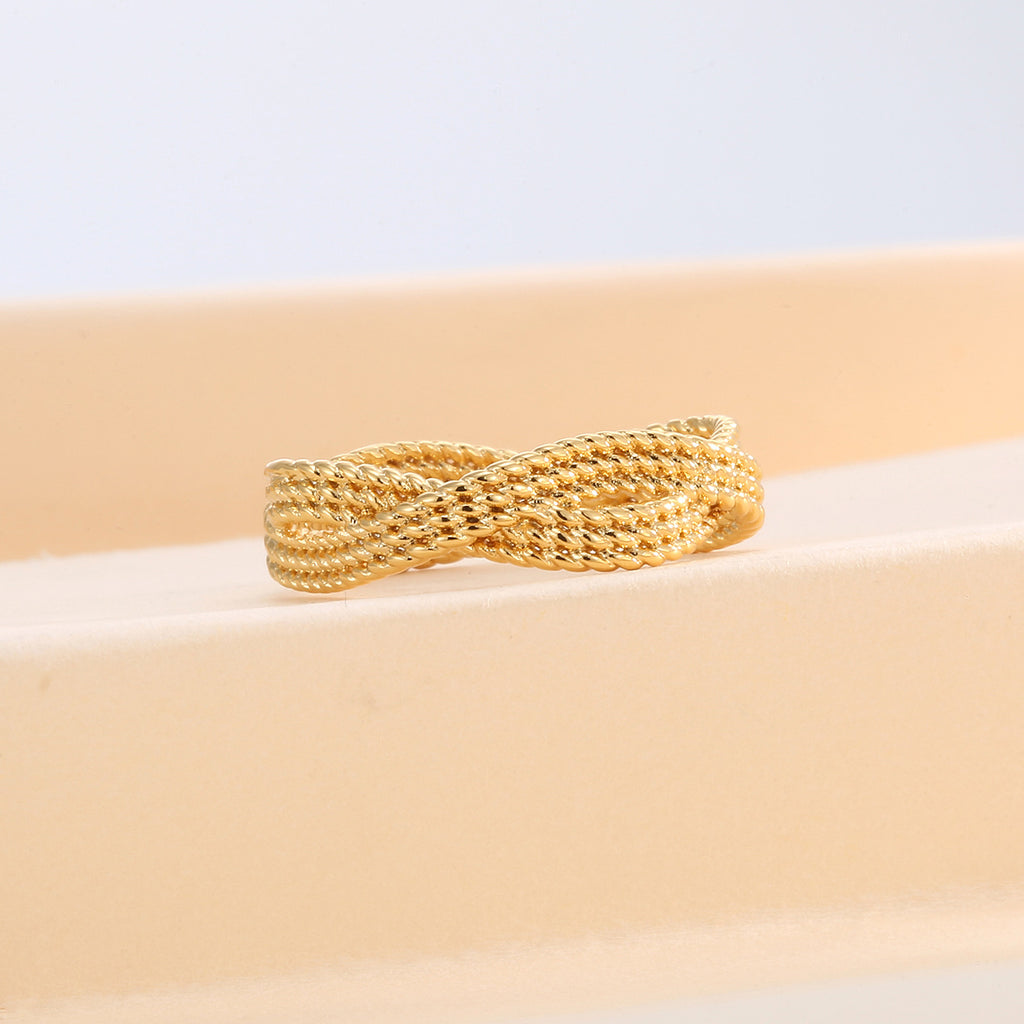 R0182 Copper Gold-Plated Exaggerated Design Hemp Rope Pattern Ring for Women Unique Style