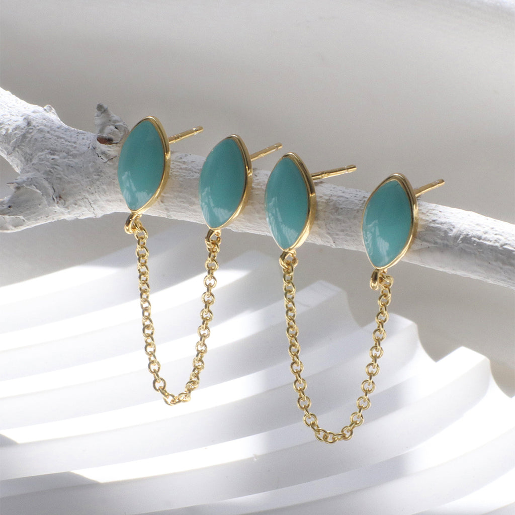 E0506 Korean Style Simple Water Drop Shape Green Resin Double Ear Stud Earrings for Women with Gold Plated Design and Tassel Ear Accessories