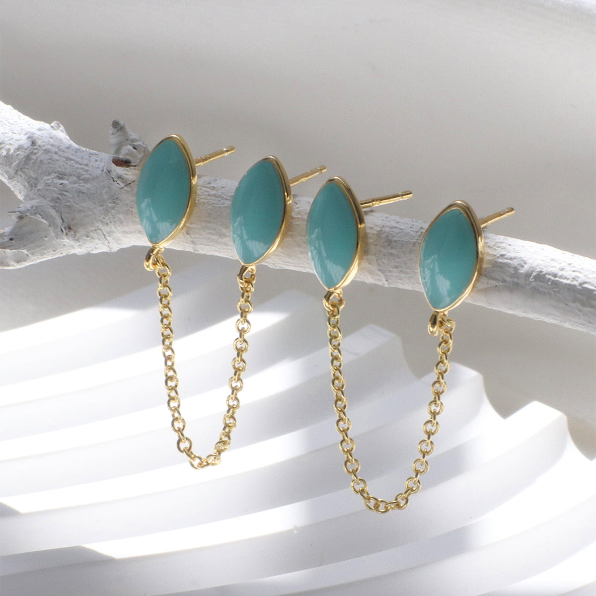 E0506 Korean Style Simple Water Drop Shape Green Resin Double Ear Stud Earrings for Women with Gold Plated Design and Tassel Ear Accessories