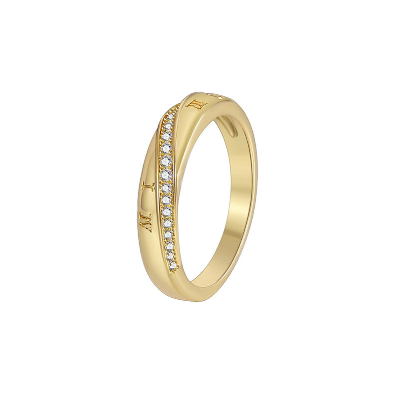 R0420 Fashion New Roman Numeral Pattern Ring for Women, Copper Plated with Real Gold, Micro Pave Zircon Ring