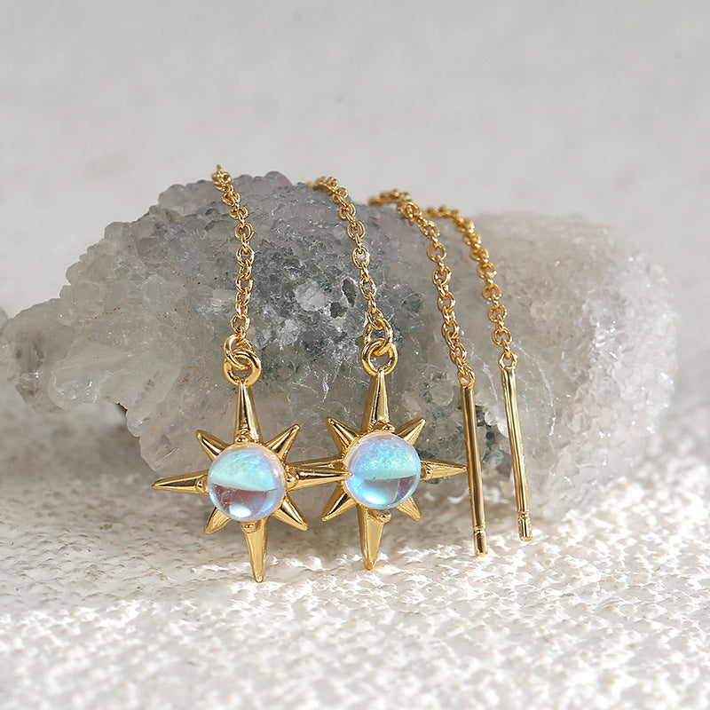 E0393 Sun-shaped Colorful Glass Chain Earrings for Women U Shaped Ear Wire Ear Hook Jewelry