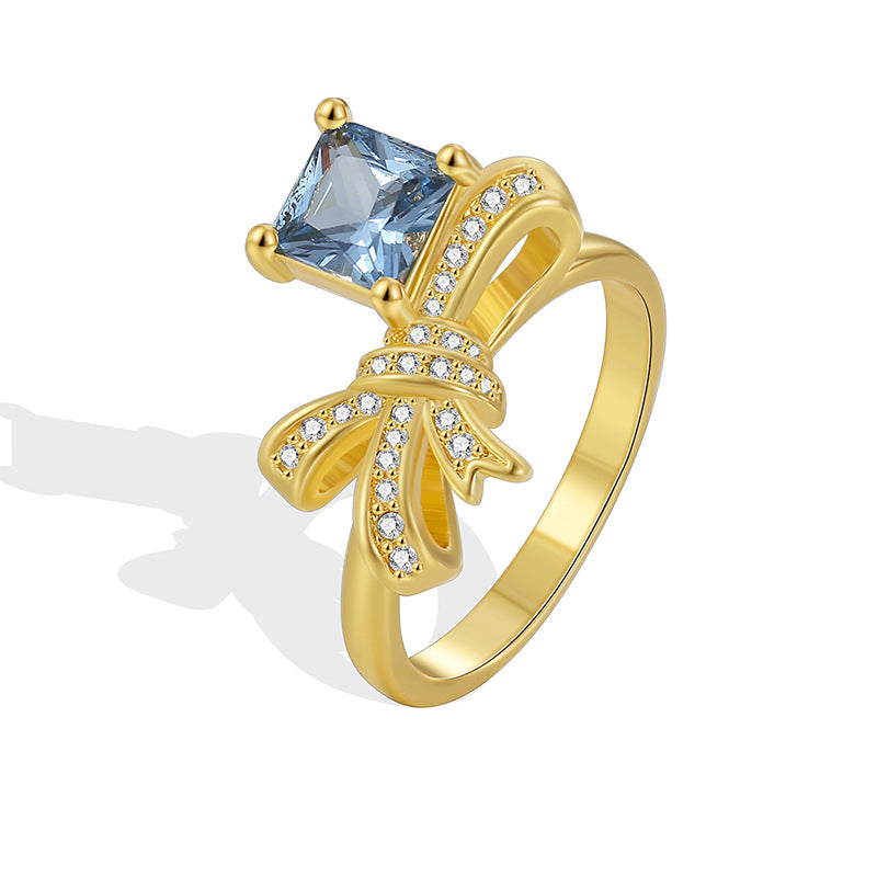 R0492 Design Gift Knot Ring Female Brass Gold Plated Inlaid Blue Square Zircon