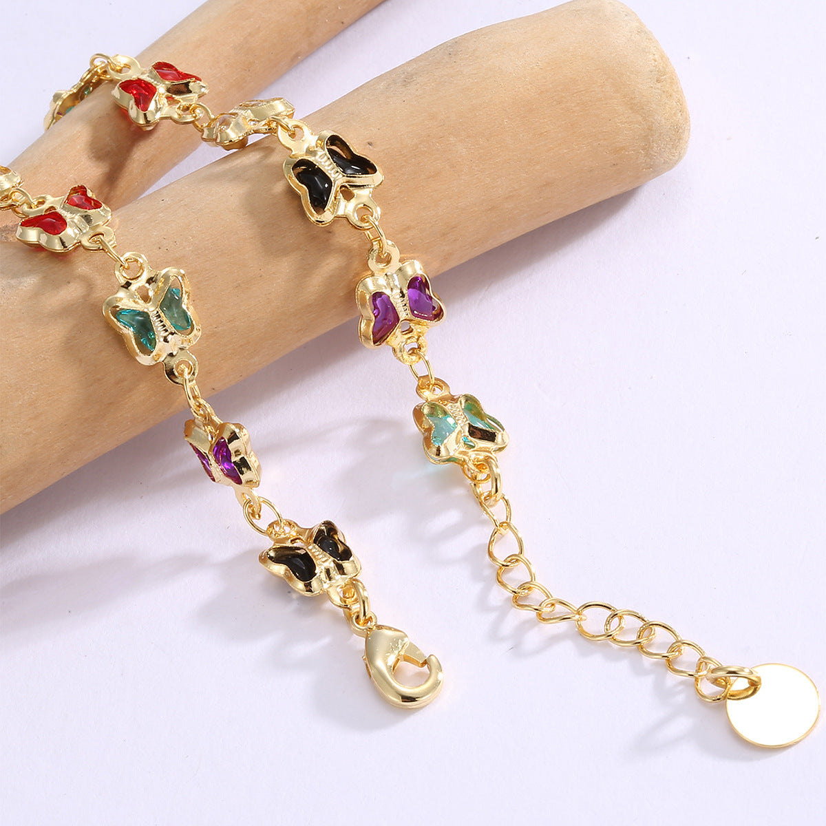 B0227 Japanese and Korean Summer Style Fashion Bracelet for Women, Brass Gold-Plated Butterfly with Acrylic Stone Inlay
