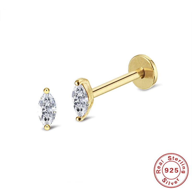 S925Sterling Silver Diamond-Studded Body Piercing Flat Head Threaded Ear Bone Stud Korean Style Geometric Minimalist Earrings for Women
